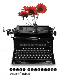 photo of an old underwood typewriter with fake plastic red gazania type flowers coming out of the paper roller part