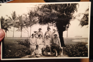 In Manila, P.I., with a bevy of ladies along then-Dewey Boulevard (now Roxas Boulevard), Manila Bay in the background.