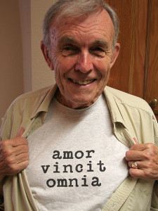 Wearing one of his favorite t-shirts, in the kitchen of his place at the retirement community. September, 2008.